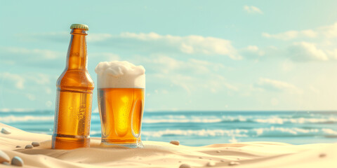 Glass of cold amber beer on the beach under the sun - obrazy, fototapety, plakaty
