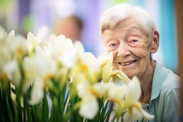 elderly lady beaming with a bunch of irises at a floral exhibition © primopiano