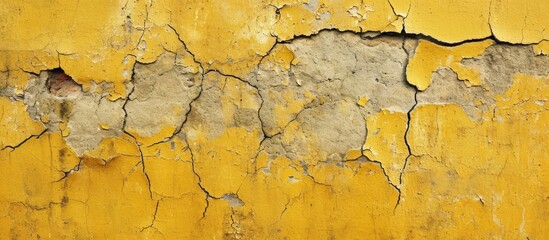 Weathered, vintage, yellow ocher-painted concrete wall with cracks, depicting an abstract, grunge texture.
