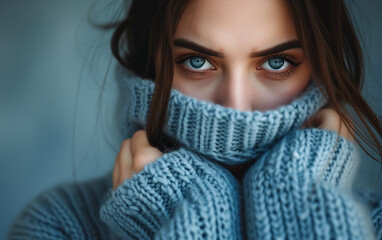Woman in blue turtleneck knitted sweater looking at camera while covering sad face. Feelings of depression, sadness, loneliness, social phobia. Winter cold. Blue Monday. - obrazy, fototapety, plakaty