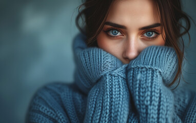 Woman in blue turtleneck knitted sweater looking at camera while covering sad face. Feelings of depression, sadness, loneliness, social phobia. Winter cold. Blue Monday.