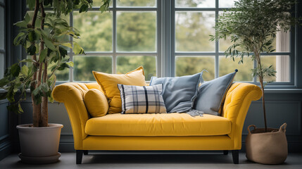 Light yellow and blue stylish furniture, armchair or couch with decorative pillow, home style