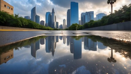 Reflection of a city skyline in a puddle after a refreshing rain shower