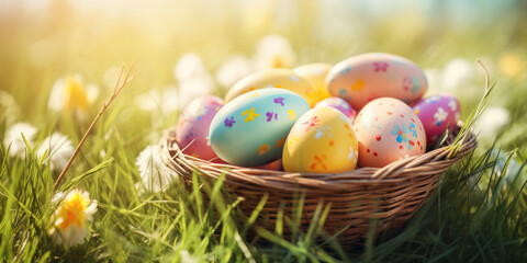 colorful painted easter eggs in a woven basket in front of a flower meadow with trees
