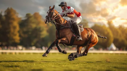 Zelfklevend Fotobehang dramatic studio shot of horse polo player use a mallet hit ball in tournament. © STORYTELLER AI