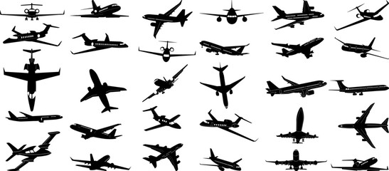 airplanes set black silhouette, on white background vector