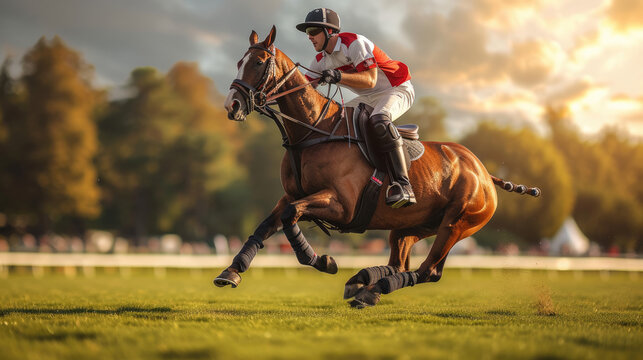 dramatic studio shot of horse polo player use a mallet hit ball in tournament.