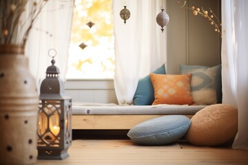 a cozy meditation nook with cushions, lantern, and drapes