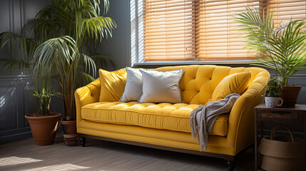 Blue and yellow stylish furniture, couch and armchair with decorative pillows, home style