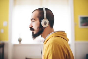 individual with headphones slouching with neck bent - obrazy, fototapety, plakaty