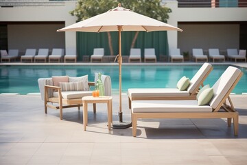 Fototapeta premium luxury outdoor chaise lounges arranged by the poolside