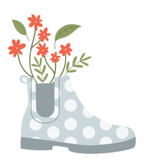 Garden rubber ankle boot with flowers and greens. Springtime concept. Hand drawn vector illustration in flat design