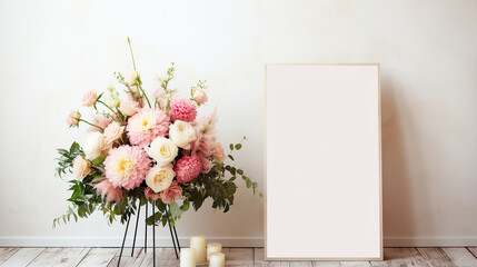 wedding signage mockup frame and Pink Roses Bouquet flower. Celebration wedding Interior and front. banner background copy space area 