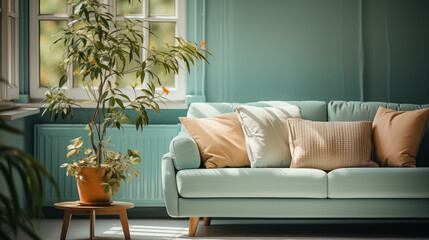 Light stylish furniture, couch and armchair with decorative pillow, green plant in background, home style