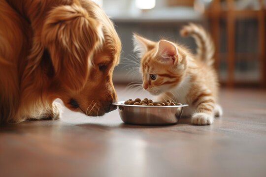 Ein Hund und eine Katze teilen sich einen Futternapf, süße Haustiere 