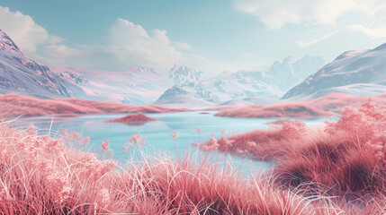 Pink grassland with lakes