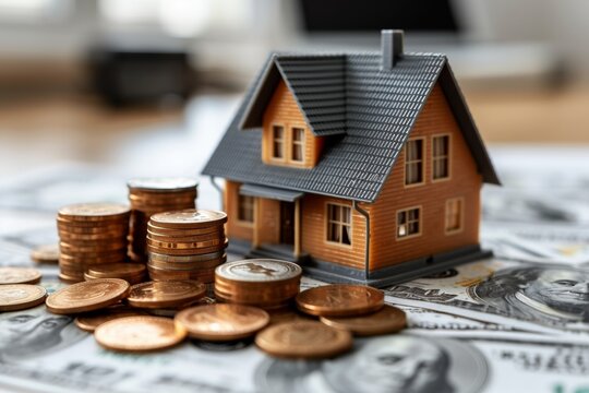 Conceptual image of business and home financing with coins, model house and financial symbols indicating investment, wealth and real estate transactions.