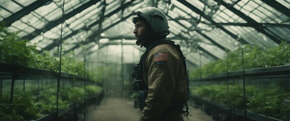 Astronaut circulating in a vegetation greenhouse. - obrazy, fototapety, plakaty