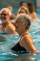 Fototapeta premium Active mature people enjoying aqua gym class in a pool doing aqua fit sport