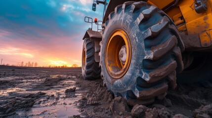 Big rubber wheels of soil grade tractor car earthmoving at road construction side. Close-up of a dirty loader wheel with a large tread with sky sunset - obrazy, fototapety, plakaty