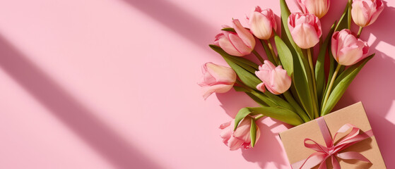 Mother's Day background with copy space. Bouquet of pink tulips beside a gift box on a pink backdrop with shadows.