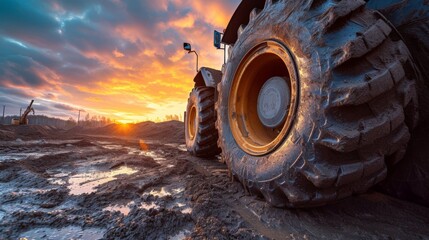 Big rubber wheels of soil grade tractor car earthmoving at road construction side. Close-up of a dirty loader wheel with a large tread with sky sunset - obrazy, fototapety, plakaty