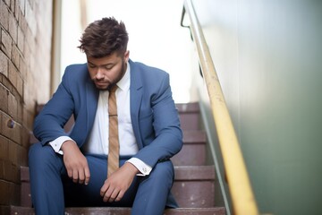 man sitting on stairwell, suit jacket unbuttoned, despondent