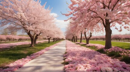 Naklejka premium cherry blossom orchard, trees, pathway, photography backdrop, wedding backdrop, photoshop overlay,