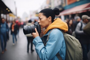 person with camera capturing street life - obrazy, fototapety, plakaty