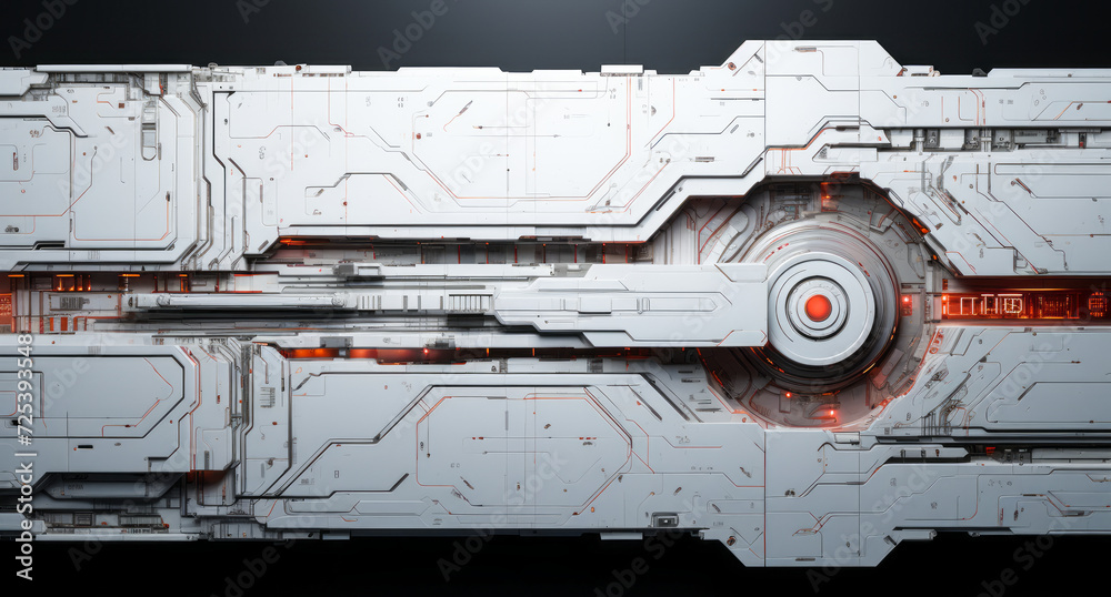 Poster futuristic white sci-fi panel with intricate patterns and red highlights creating an abstract techno