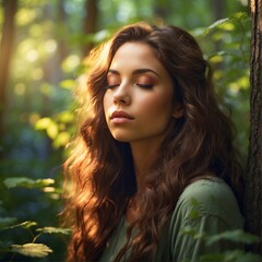 Naklejka premium Woman Relaxing in a Green Forest with Sunlight and Cool Breeze