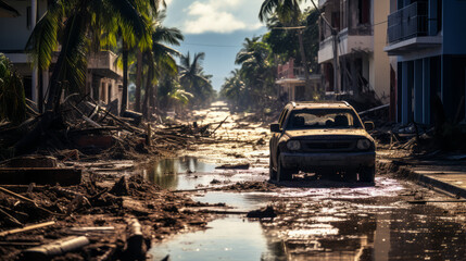 Post-hurricane disaster scene with a flooded street, debris, and damaged vehicles under the scorching sun in a tropical location