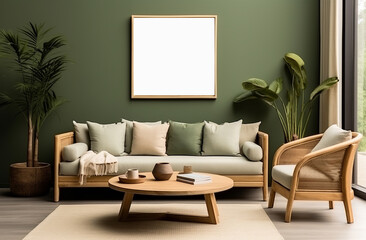 Stylish living room adorned with an abstract frame poster, featuring modern interior design, accompanied by a 3D render and illustration. Made with generative AI technology