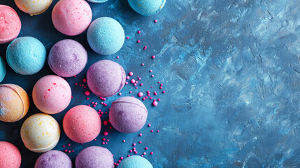 Many bath bombs, multicolored organic collection on dark concrete background with space for text, for natural handmade cosmetics stores.
