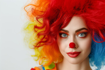 A Beautiful Young Woman Embracing the Spirit of April Fool's Day, Adorned in a Clown Wig with a Vibrantly Painted Face, Set Against a Crisp White Background. Place for text
