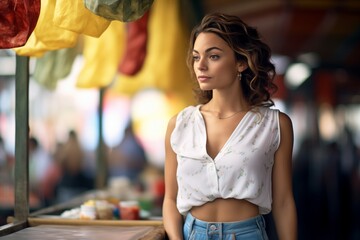 female in a breezy top at an outdoor market stall - obrazy, fototapety, plakaty