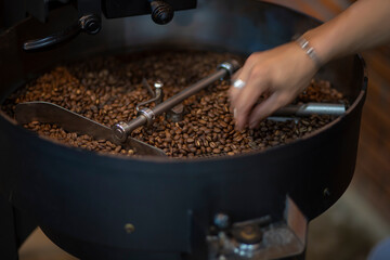 Close up of Coffee beans during the roasting process, moving paddle of the screening hopper cooling the coffee beans after roasting. Drum type roaster