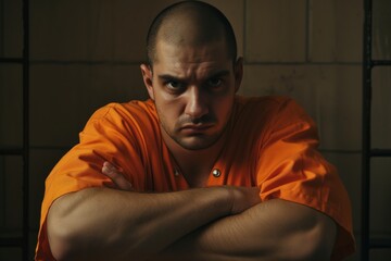 inmate with crossed arms staring with furrowed brow