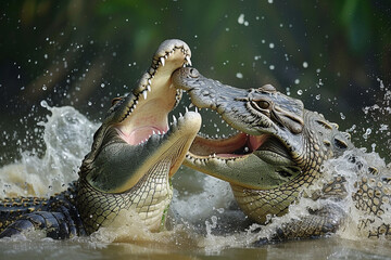 Two crocodiles tearing and biting in the water
