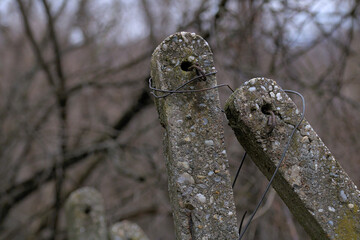 old concrete pillars tied with wire