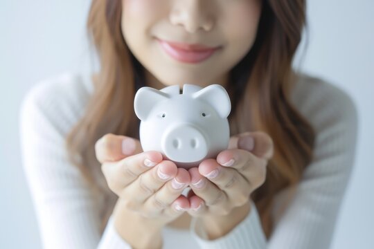 豚の貯金箱を持つ日本人女性（貯金・投資・背景なし）