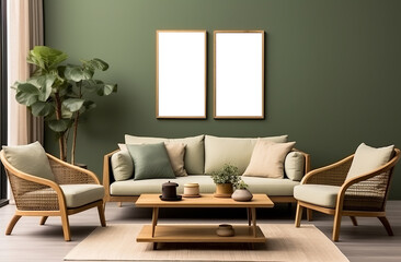 Stylish living room adorned with an abstract frame poster, featuring modern interior design, accompanied by a 3D render and illustration. Made with generative AI technology