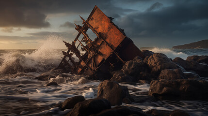 Shipwreck on Rocky Shore at Sunset