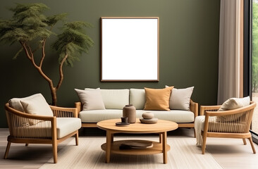 Stylish living room adorned with an abstract frame poster, featuring modern interior design, accompanied by a 3D render and illustration. Made with generative AI technology