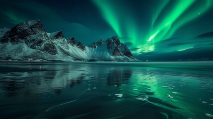 Aurora borealis on the Lofoten islands, Norway. Green northern lights above mountains and ocean shore. Night winter landscape with aurora and reflection on the water surface. - obrazy, fototapety, plakaty