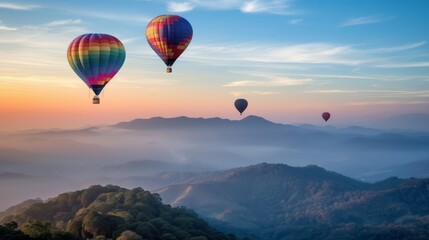 Fototapeta na wymiar Colorful hot air balloons flying over mountain at Dot Inthanon in Chiang Mai, Thailand