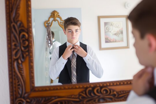 teen adjusting his tie in a mirror before prom