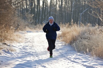 elderly jogger in winter attire running on a snowcovered trail