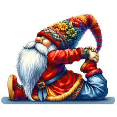 Fototapeta na wymiar Yoga Gnomes Watercolor Clipart, Colorful Vibrant Cute Gnome Practicing Yoga