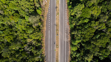 Aerial view of a dual carriageway running through a dense forest, symbolizing infrastructure and nature coexistence - obrazy, fototapety, plakaty